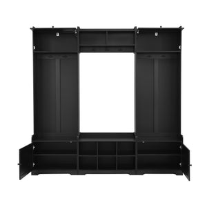 English Elm VIBE Modern Hall Tree with Shoe Cabinets, 3-Seat Bench, 7 Hooks & Adjustable Shelves, 79" wide Black SJ000147AAB