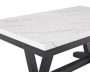 English Elm 1pc Faux Marble Rectangular Dining Table with Glossy Top and Black Trestle Wood Base, Modern Centerpiece White 76 L x 46 W x 13 H B011P196932