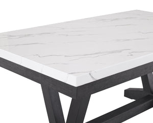 English Elm 7pc Faux Marble Rectangular Dining Set Wingback Tufted Chairs Nailhead Gray Upholstery B011S00990