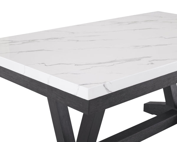 English Elm 7pc Faux Marble Rectangular Dining Set Wingback Tufted Chairs Nailhead Gray Upholstery B011S00990