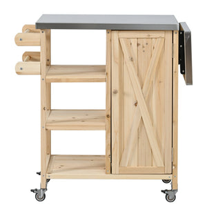 English Elm Foldable Outdoor Kitchen Cart with Stainless Worktop Fir Wood Frame and Lockable Wheels Natural N719P380281N