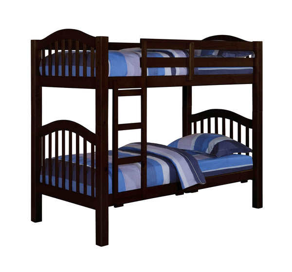 English Elm Espresso Twin Over Twin Convertible Bunk Bed with Right Ladder, Guard Rail, Sturdy Slat System B062S00497