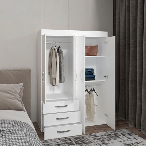 English Elm Denver Adjustable Armoire with Removable Shelves, Hanging Rods, Double Doors, 3 Drawers, White Finish B070S00365