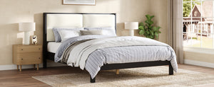 English Elm Solid Wood Queen Platform Bed Velvet Tufted Headboard Architectural Slat Design Black N7090000742B