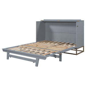 English Elm Murphy Queen Wall Bed with Frosted Glass Cabinet Facade Gold Legs Pine Frame Gray N820S00028E