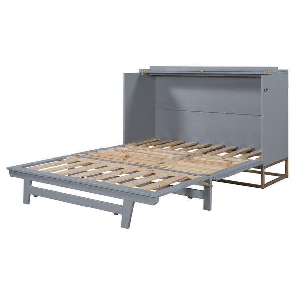 English Elm Murphy Queen Wall Bed with Frosted Glass Cabinet Facade Gold Legs Pine Frame Gray N820S00028E