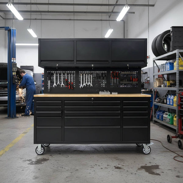 English Elm 72" Steel Rolling Tool Cabinet with Wood Benchtop 15 Drawers and Overhead Storage W5675P455304