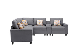 English Elm Nereo Six Piece Linen Sectional Sofa with Charging Console Storage and Reversible Layout B2749S00128