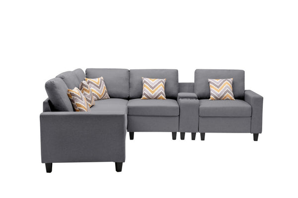 English Elm Nereo Six Piece Linen Sectional Sofa with Charging Console Storage and Reversible Layout B2749S00128