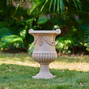 English Elm Elegant Handcrafted Mgo Floral Relief Garden Urn Planter with Antique White Finish Terracotta N772P389441T
