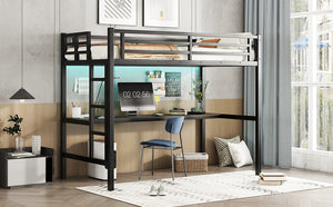 English Elm Metal Twin XL Loft Bed with Desk, LED Smart Light & Front Power Outlet, Space-Saving Black Design W1580P251090