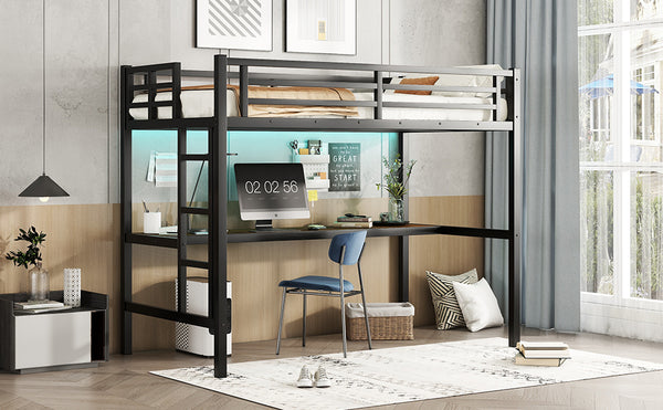 English Elm Metal Twin XL Loft Bed with Desk, LED Smart Light & Front Power Outlet, Space-Saving Black Design W1580P251090