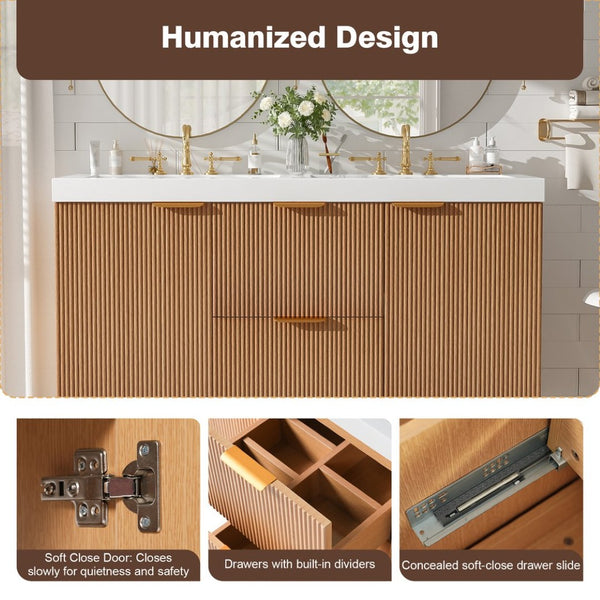 English Elm [video]47.24 Inch Floating Double Sink Vanity Mdf Cabinet Gold Handles Modern Bath N729P000025N