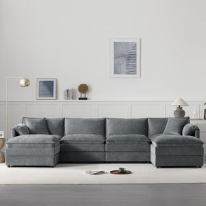English Elm 136" Chenille Modular Sectional Sofa with Deep Wide Seats, Double Cushions & Removable Ottoman Dark Gray N723S9687B