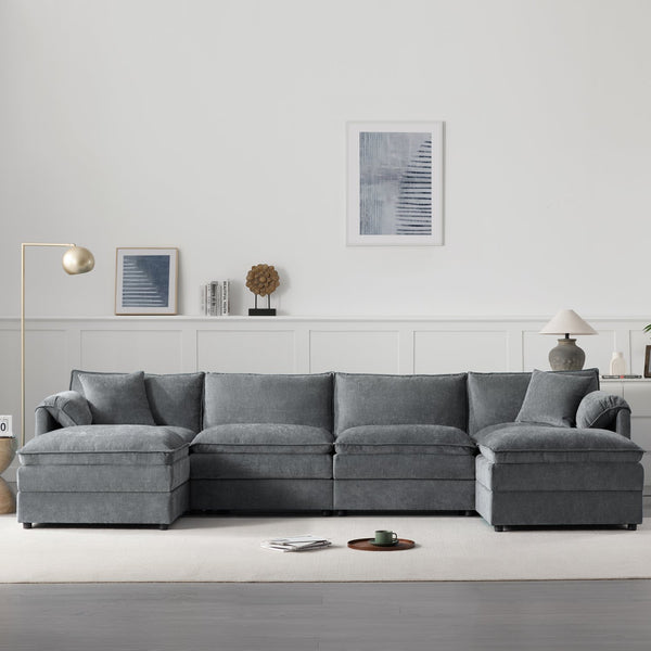 English Elm 136" Chenille Modular Sectional Sofa with Deep Wide Seats, Double Cushions & Removable Ottoman Dark Gray N723S9687B