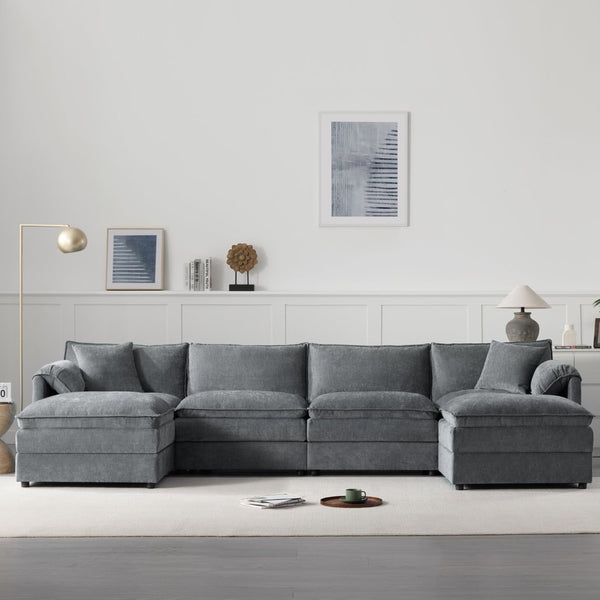 English Elm [video]136" Chenille U-shaped Sectional Six Seat Cloud Sofa with Movable Ottomans Dark Gray N723S1687B