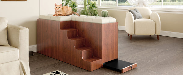 English Elm 56"L, 56"L Mid-Century Walnut Dog Crate Bench Ottoman with Sliding Barn Door, Padded Removable Cushion, Wheels, 300lb耐 N843P293660W