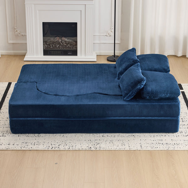 English Elm Queen Foldable Sofa Bed with Plush Chenille Cover, High-Density Foam Convertible Futon for Living Room Guest Room Bedroom Blue W1829P348211
