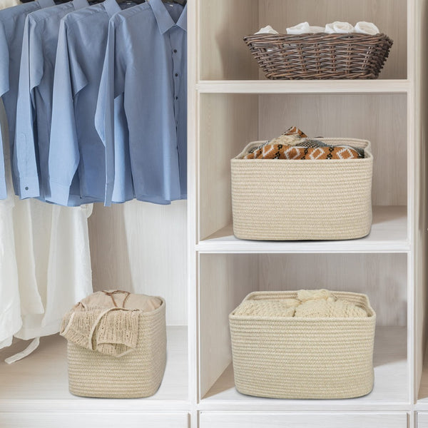 English Elm Rope Cotton Woven Storage Baskets Set of Three with Handles for Home Organization W2181P404832