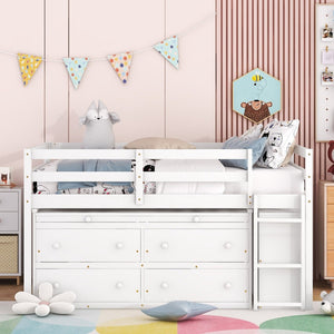 English Elm Full Size Kids Loft Bed Pinewood Frame Dual Study Desks Drawers and Open Shelving White LT000369AAK