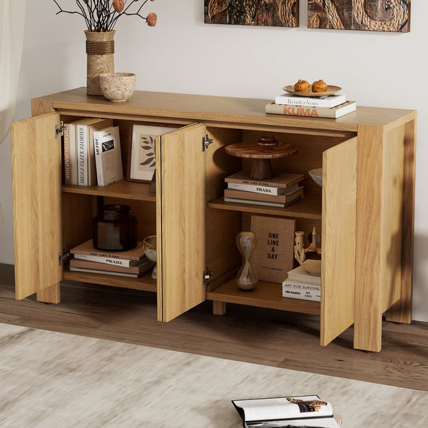 English Elm TREXM 4-Door Buffet Cabinet with Distressed Oak Veneer, Adjustable Shelves & Foot Pads for Dining Room N715P310053D