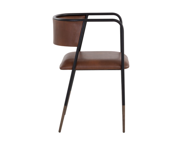 Sunpan Brenan Dining Armchair – Elegant Curved Backrest, Faux Leather Comfort, Black Metal Frame, Unique Craftsmanship Bravo Cognac