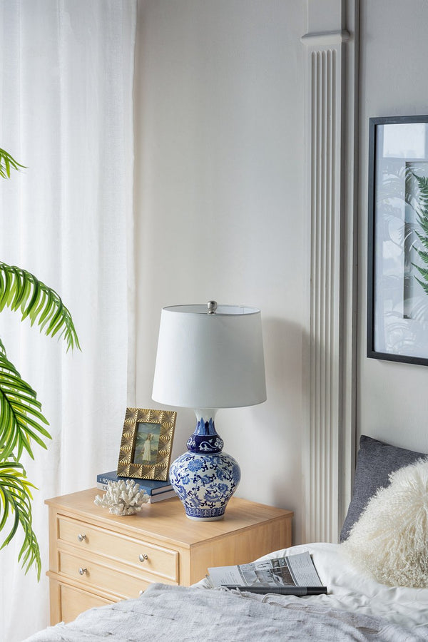 English Elm D14x27.6" Blue and White Ceramic Vase Lamp with Porcelain Floral Patterns, Ambient Table Light Decor W2078P324060