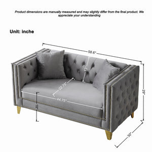 English Elm 58"Chesterfield Velvet Sofa Elegant Tufted 2-Seater Deep Seat with Nailhead Trim Solid Wood Frame Grey W3373S00029