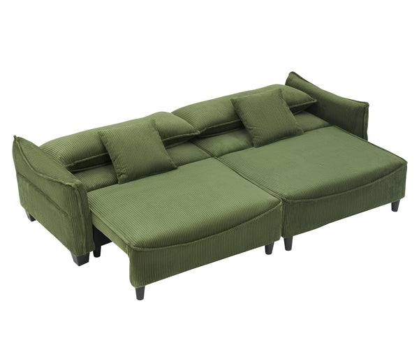 English Elm Sofa Green Corduroy 3-Seater Convertible Sofa Bed with Two Throw Pillows, Solid Wood Frame, 500lb Capacity W1278S00038