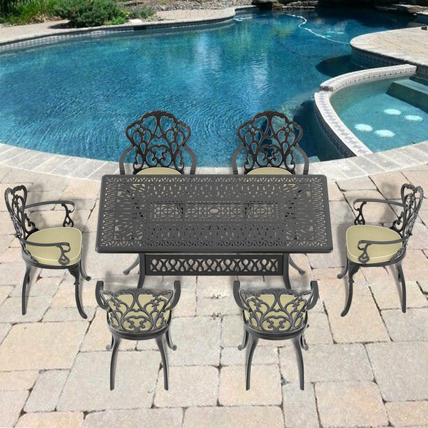 English Elm (Cushions) 7-Piece Cast Aluminum Patio Dining Set With Ergonomic Chairs & Random Off-White Cushions W1710S00400
