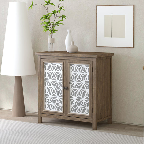 English Elm Rustic Vintage Wood Storage Cabinet with Metal Frame & Linen Doors, Dustproof Geometric Design, Easy Assembly W808P245584