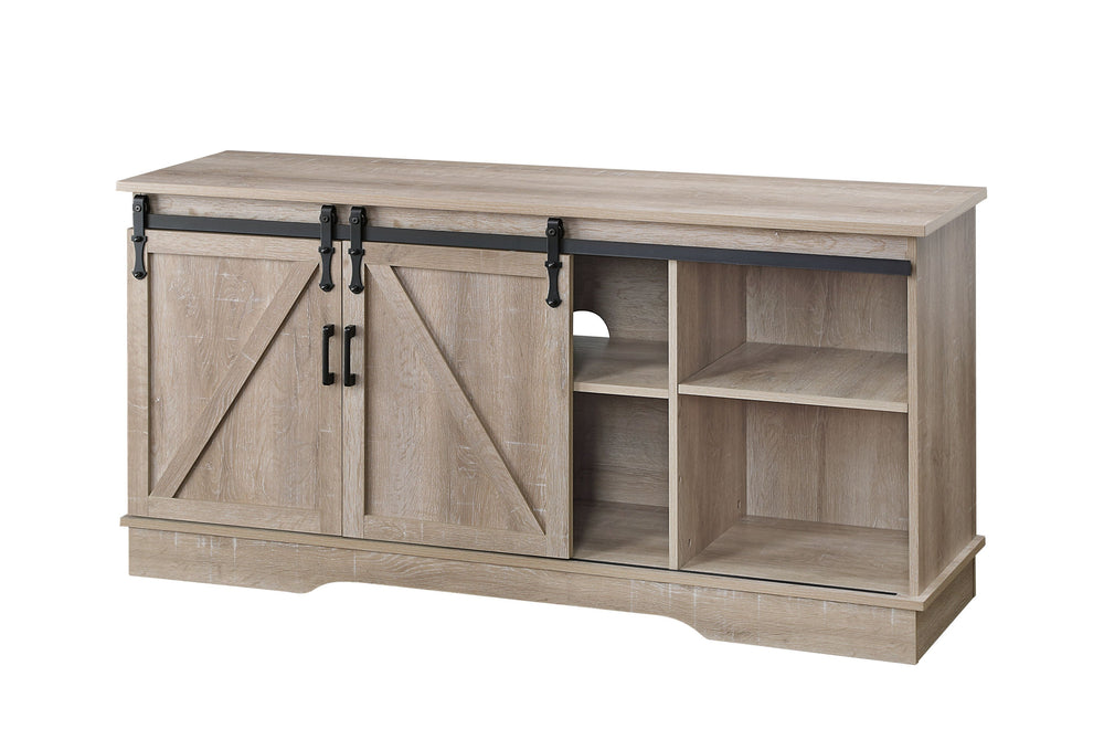 English Elm Bennet Oak TV Stand with Sliding Barn Doors, Cable Management, 65" Max, Metal Frame, Rustic Storage B2726P278173