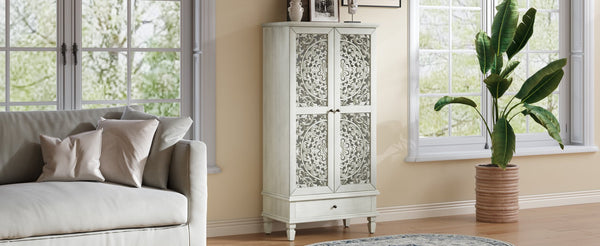 English Elm Rustic Retro Green 55" Tall Storage Cabinet with Carved Doors, Drawer & Solid Wood Legs for Home Decor White Washed W1445P376555