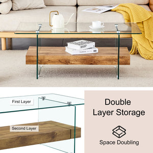 English Elm ectangular floating coffee table with two-tier storage, tempered glass legs, modern natural wood finish W2920P226066