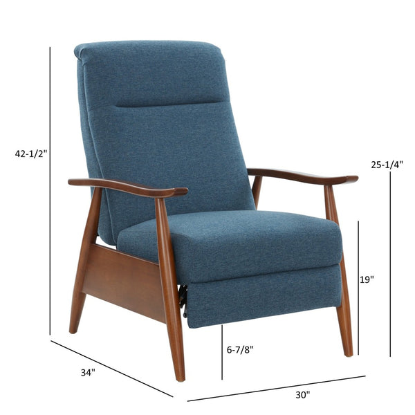 English Elm Tustin Mid-century Push Back Recliner with Chestnut Wood Arms and Performance Fabric Blue B050P429144