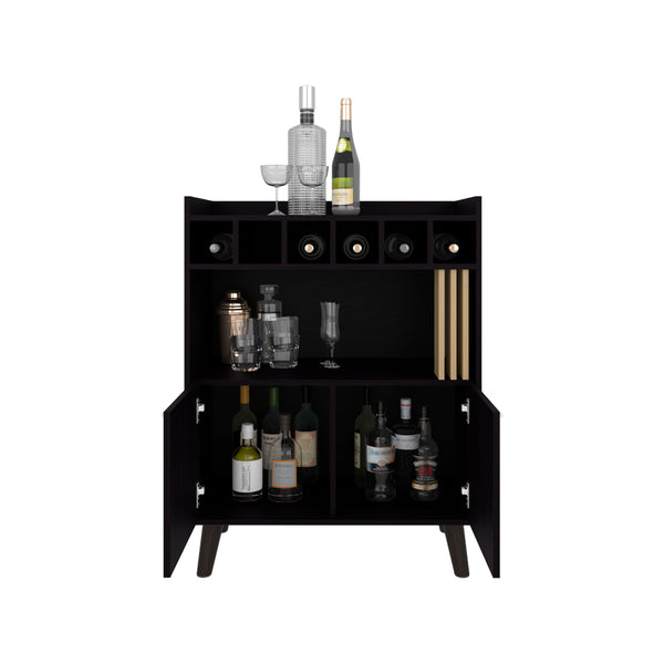 English Elm Mathiston Modern Bar Cabinet in Black & Light Oak — 6-Bottle Storage, Glass Shelves, Concealed Cupboards, Durable Engineered Wood B092P254748