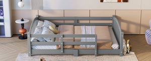 English Elm Full Montessori Pine Wood Floor Bed with Safety Rails Low Profile Kids Room Frame Gray N733P400299E