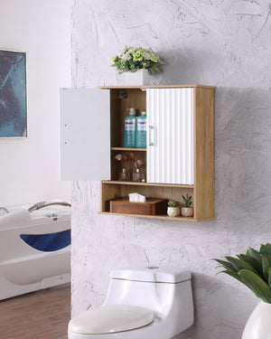 English Elm Bathroom Wall Cabinet White & Natural Wood with Wavy Doors, Adjustable Shelf, Bottom Storage, Easy Install W3151P288945