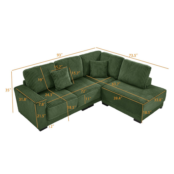 English Elm 93" Sectional Sofa L-Shaped Upholstered Corduroy 3-Seater with Reversible Chaise, Solid Wood Frame, Plush Coil-Foam Cushions Green W1097S00224
