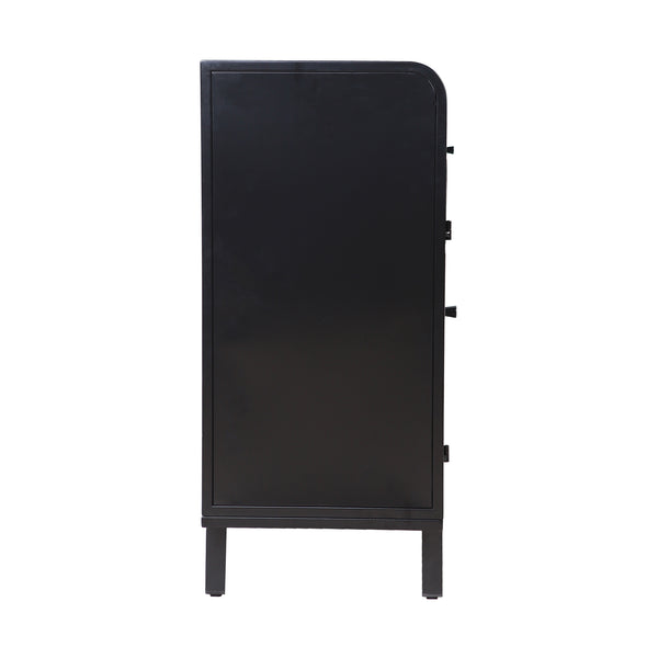 English Elm Modern Sideboard Buffet Cabinet Antique Black Steel Frame with Tempered Figured Glass Doors, Flip-Top Storage Console W3122P272901