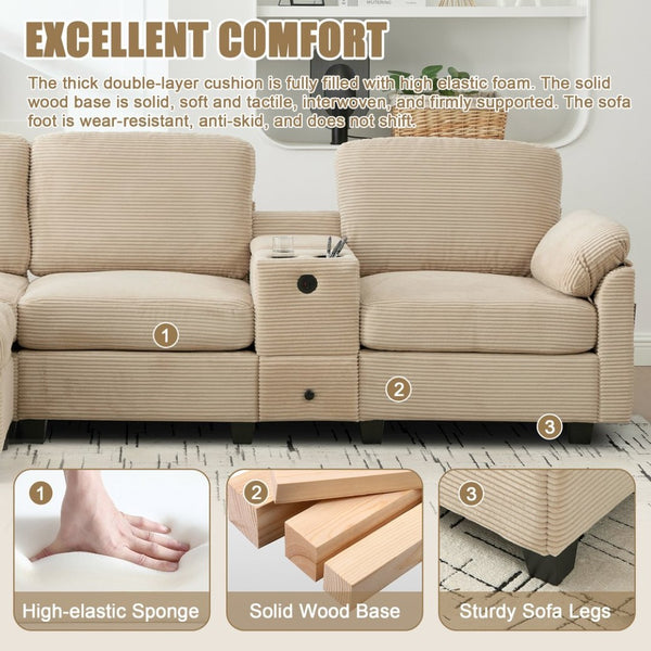 English Elm United Multifunctional L-Shaped Corduroy Sofa: 4-Seater With Usb Ports, Storage, And Comfort Features W1568S00226-GIGA
