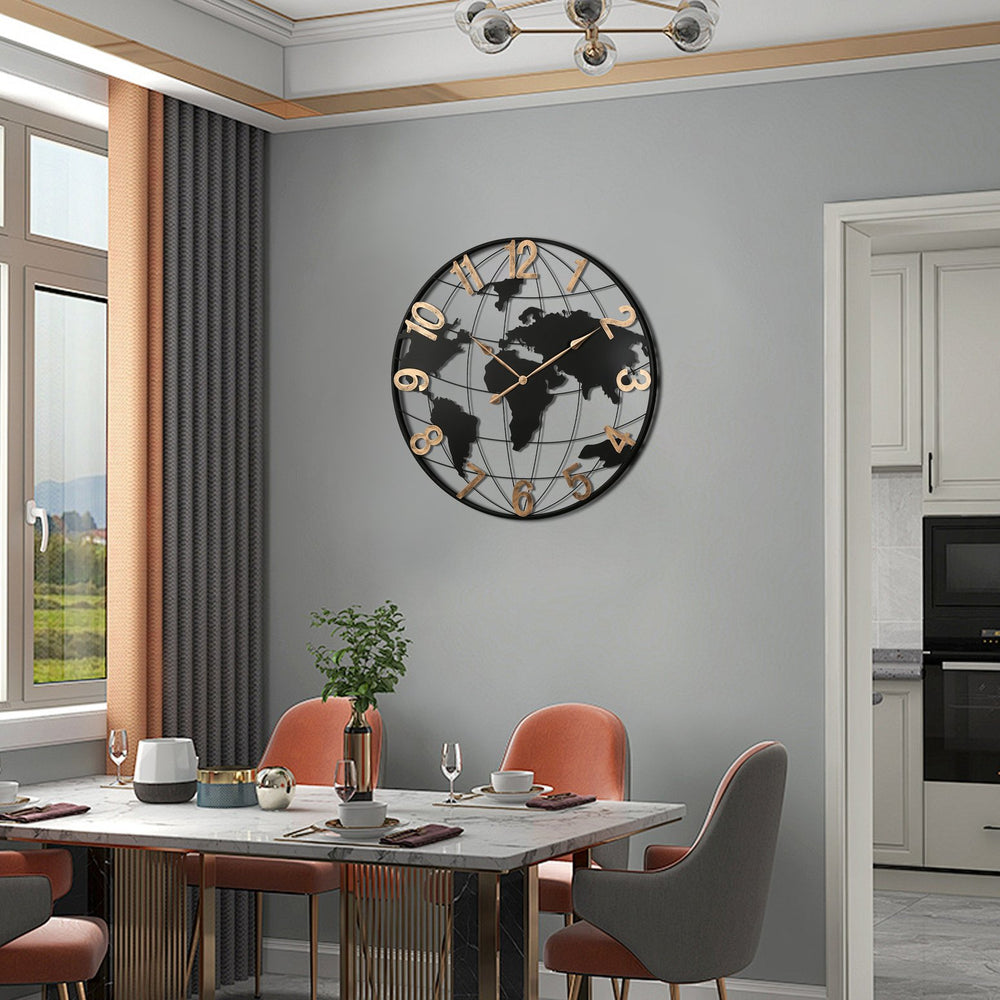 English Elm 36 Inch Large Black Metal Wall Clock - Modern Silent World Map Design With Vintage Gold Numerals W1445P249305