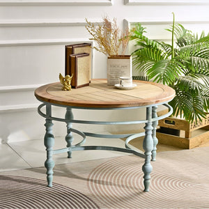 English Elm 31.50" Hand-carved Distressed Wood Round Coffee Table with Metal Legs for Living Room W3933P379162