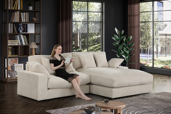 English Elm Astra Corduroy Reversible Sectional Sofa with Chaise Six Pillows Casual Living Room Beige B2749S00210