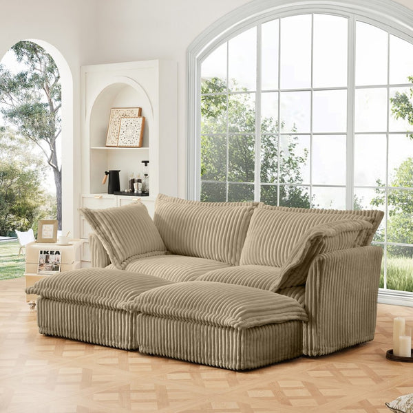 English Elm Slipcovered 2-Seater Sofa With 2 Ottomans - Versatile Sleeper, Soft Corduroy In Camel For Cozy Living W3041S00139-GIGA