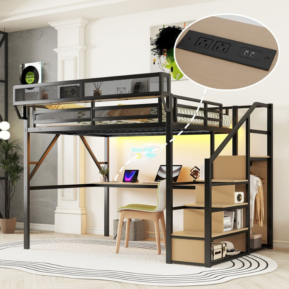 English Elm Queen Metal Loft Bed with Desk Stairs Rgb Lighting and Built-in Charging Station W2580S00053