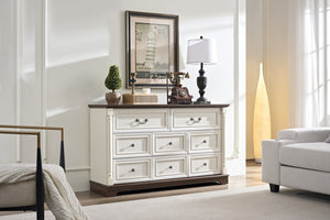 English Elm 8 Drawer Farmhouse Chest Distressed Two-tone Wood Grain Finish Antique Hardware W2393P252366