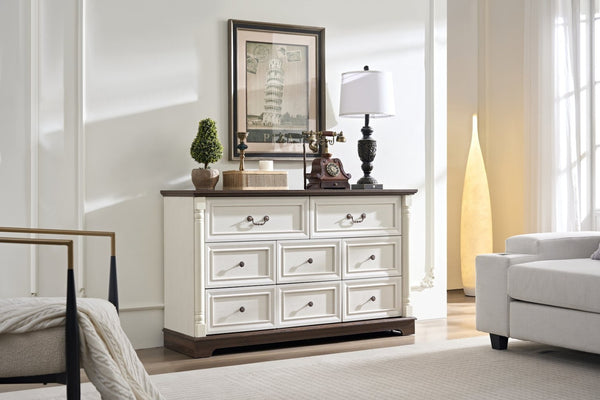 English Elm 8 Drawer Farmhouse Chest Distressed Two-tone Wood Grain Finish Antique Hardware W2393P252366
