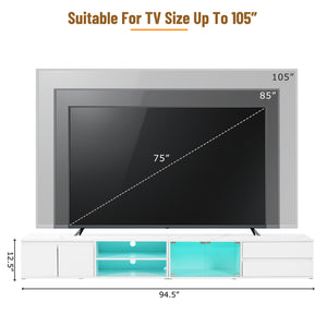 English Elm ON-TREND Modern APP-Controlled LED TV Stand for TVs up to 105" with Faux Marble Top, Tempered Glass Doors, Ample Storage, Cable Management, and High Load Capacity for Living Room Entertainment Center White N721P171537K