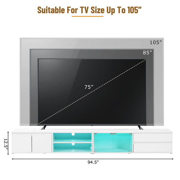English Elm ON-TREND Modern APP-Controlled LED TV Stand for TVs up to 105" with Faux Marble Top, Tempered Glass Doors, Ample Storage, Cable Management, and High Load Capacity for Living Room Entertainment Center White N721P171537K